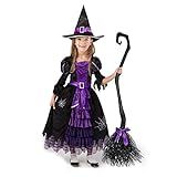 Spooktacular Creations Halloween Fairytale Witch Dress for Kids, Girls Cute Witch Costume Deluxe Set with Broom for Toddler Halloween Role Play Parties, Purple (T 3-4)
