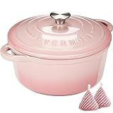 Overmont Enameled Cast Iron Dutch Oven - 5.5QT Pot with Lid Cookbook & Cotton Potholders - Heavy-Duty Cookware for Braising, Stews, Roasting, Bread Baking pink