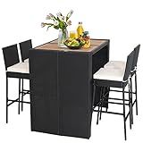Tangkula 5 Piece Patio Wicker Bar Set, Patiojoy Outdoor Acacia Wood Bar Height Table & 4 Rattan Bar Stool Chairs with Backrest and Footrest, Outdoor Dining Bistro Set