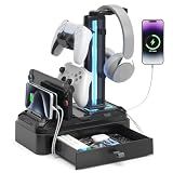 KDD Headphone Stand with USB A&C Charger Ports - RGB Controller Stand with Detachable Hooks - Rotatable Headset Hanger & Device Slot for Phones/Tablets - Drawer Storage Base for Gaming Desk Organizer