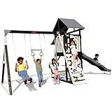 Sportspower Roswell Wooden Swing Set: Play Fort, Bench with Table, Sandbox, Trapeze, and 8' Slide - Black, Green and White