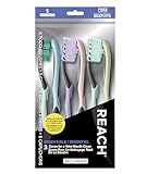 Reach Essentials Toothbrush with Toothbrush Caps, Multi-Zoned Angled Soft Bristles, Contoured Handle, Tongue Scraper, 6 Count