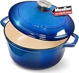 Mueller 6qt Enameled Cast Iron Dutch Oven, Heavy-Duty Casserole and Braiser Pan with Lid and Knob, Safe for All Cooktops, Aqua Blue