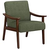 Yaheetech Corduroy Accent Chair, Mid-Century Modern Armchair with Solid Wood Legs, Reading Leisure Chair with High Back for Living Room Bedroom Waiting Room Dark Green