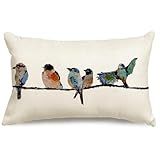 RABUSOFA 12x20 Lumbar Pillow Decorative Throw Pillows,Small Hand-Painted Outdoor Birds Pillowcases,Spring Summer Pillows Decorative Throw Cushion Covers Linen for Couch Sofa Teal Blue