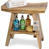 EcoDecors Teak Shower Bench 18", 300 lb Capacity – Waterproof Wood Bath Seat with Shelf, Spa Seating for Adults – Compact Fit for Small Bathrooms & Walk-in Showers – Slip-Resistant Feet