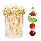 100PCS Cocktail Picks, Fancy Toothpicks for Appetizers, Decorative Skewers for Appetizers Drinks Party Fruit, 4.7 Inch Long Wooden Bamboo Gold Ball Food Sticks Charcuterie Boards Accessories
