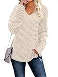JomeDesign Womens Sweaters Long Sleeve V Neck Shirts Loose Casual Tunic Side Split Apricot