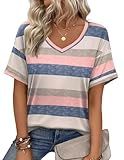 Zeagoo Tops for Women Casual Summer Flowy Short Sleeve V Neck Striped Tee