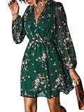 CUPSHE Women's Mini Dress Floral Print V Neck Long Peasant Sleeves Chiffon A-Line Flowy Short Dress Green, L