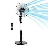 Amazon Basics 16" Pedestal Fan with Remote, Floor Fan, Standing Fan for Bedroom, Living Room, Office, with 3 Speeds, 3 Modes, Timer, Dual-Layered Blades, Adjustable Height, Tilt Head, 60W, Black