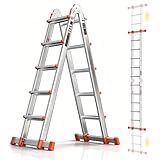 Soctone Telescoping Ladder, A Frame Ladder, Multi Position with Stabilizer Bar, 330 lbs Security Load Ladder for Stairs Household or Outdoor Roof, 17 Ft, Orange