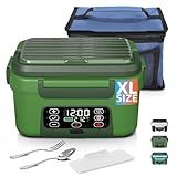 Omboos Cordless Electric Heated Lunch Box, XL 6.3Cups Rechargeable Food Warmer Lunch Box with Self Heating, Smart Timer, Adjustable Temperature, Leakproof, BPA Free, Removable Divider Green