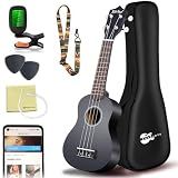 Everjoys Soprano Ukulele Beginner Kit 21 Inch w/Free Online Lesson Gig Bag Tuner Picks Strap, Fast to Learn (Black)
