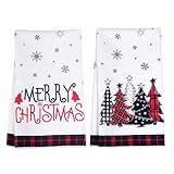 Rbenxia Merry Christmas Kitchen Towels Set of 2, 18x26 Inch Black Red Buffalo Plaid Snowman Xmas Trees Holiday Hand Towels for Bathroom Seasonal Winter Decoration, Farmhouse Housewarming Gift