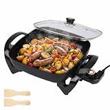 I-Keukenn 12" Ceramic Nonstick Electric Skillet with Tempered Vented Glass Lid, Scratch-Resistant Surface, Cool-Touch Handles, Removable Easy-to-Clean Design, 1200W, Sleek Black