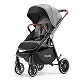 Tinyiota Baby Stroller, Infant Stroller with Large UPF 50+ Canopy,Luxury Pram Strollers with Leather Handle & Spacious Seat, One-Hand Foldable Pushchair, Toddler Carriage with Lie-Flat Mode(Gray)