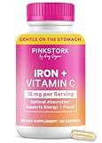 Pink Stork Iron for Women – 18 mg Non-Constipating Iron Bisglycinate + Vitamin C for Optimal Absorption – Energy, Focus, & Oxygen Supply – PMS, Pregnancy, Postpartum & Perimenopause - 60 Capsules