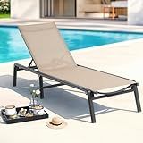 Aluminum Chaise Lounge Chair Outdoor, Foldable & Assembly Free Outdoor Lounge Chair with 5 Position Adjustable Backrest, Patio Pool Lounge Chairs for Outside Poolside Beach Lawn, 1PC, Khaki