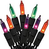 Multi Color Halloween String Lights, Dark Purple, Green, Orange Bulbs - 100 Count Halloween Lights on Black Wire (24 Ft) - for Indoor & Outdoor Use - UL Listed - Static / Blinking Modes - Connectable