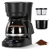 Electactic 5-Cup Drip Coffee Maker, a compact coffee machine with a digital clock and 24-hour programmable timer, featuring Auto Shut-Off, and a Removable Filter Basket for Home & Office-Deep Black