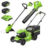 Greenworks 48V (24V x 2) 20" Brushless Cordless Lawn Mower + 12" String Trimmer + 320 CFM Leaf Blower Combo Kit with (2) 4.0Ah Batteries & Dual Port Fast Charger