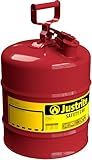 Justrite 5 Gallon Type I Red Safety Gas Can for Gasoline with Flame Arrester and Self-Closing Lid, Made in the USA, Galvanized Steel Flammable Storage Can, 7150100