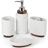 RQYIXI 4 Piece Bathroom Accessories Set, White Ceramic Bath Accessory Set with Wood Accents, Soap Dispenser, Toothbrush Holder, Tumbler and Soap Dish, Elegant Bathroom Countertop Decor