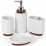 RQYIXI 4 Piece Bathroom Accessories Set, White Ceramic Bath Accessory Set with Wood Accents, Soap Dispenser, Toothbrush Holder, Tumbler and Soap Dish, Elegant Bathroom Countertop Decor