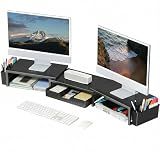 OPNICE Desk Organizers and Accessories, Dual Monitor Stand Riser with Drawer and 2 Pen Holders, Desk Shelf Computer Racks for Office Workspace Organizers, Desktop Organization (Black)