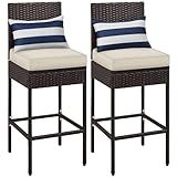 Yaheetech Set of 2 Patio Bar Stools, Outdoor PE Rattan Bar Height Chairs with Cushions & Footrests & Backrest for Indoor, Outdoor, Backyard, Porch, Max.Load 300Lb, Brown/Beige