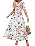 ZESICA Women's 2026 Summer Spring Floral Boho Maxi Dresses Casual Short Sleeve V Neck A Line Flowy Beach Vacation Dress Ivory Medium