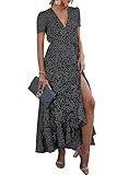 PRETTYGARDEN Women's Summer Wrap Maxi Dress Casual Boho Floral V Neck Short Sleeve Ruffle Hem Split Beach Long Dresses (Black Polka Dot,X-Large)