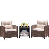 Devoko 3 Pieces Patio Furniture Set Outdoor Wicker Chairs and Table, Beige