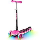 ZIFFY Kids Scooter for Boys & Girls LED Light-Up Wheels, 4 Adjustable Height Handlebars, and Lean-to-Steer Design with Anti-Slip Wide Deck for Stability - Up to 110LBS(Red)