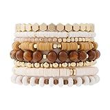 GOOJIDS Surfer Heishi Clay Bead Bracelets for Women Bohemian Stackable Gold Plated Beaded Stretch Bracelets Elastic Layering Friendship Brown Bracelets Set Boho Jewelry