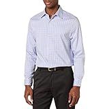 Amazon Essentials Men's Regular Fit Long Sleeve Wrinkle Resistant Stretch Dress Shirt, Blue White Grid Check, Large