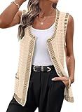 Dokotoo Womens Summer Fashion 2026 Sleeveless V Neck Button Down Cardigan Sweaters for Women Casual Loose Contrast Trim Knit Cardigans Apricot Large