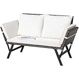 Greesum Outdoor Sofa, Woven Rattan Patio Furniture, Convertible Daybed or Double Chair with Adjustable Armrests, Cushions and Pillows for Yard, Porch, Pool, Brown Lounger & Beige Pillowcase