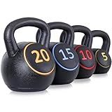 F2C Kettlebell Sets 4 Piece Strength Training KettleBells Weight Set 5lb, 10lb, 15lb, 20lb HDPE Coated Concrete Kettle bell Core Training or Women & Men for Full Body Workout & Exercise Fitness