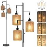 Hotsonic 72" Boho Rattan Tree Floor Lamp, Tall Dimmable Industrial Standing Lamp, Corner Decor Accent Lighting for Living Room, Bedroom, Dining Room, Nursery, Cafe (3 x 800LM Bulbs Included) - Black
