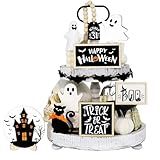 19PCS Halloween Tiered Tray Decor - Halloween Decorations Indoor Wooden Signs Set with Ghost Bat Pumkin Centerpieces for Tables Home Kitchen Bedroom Shelf Decor