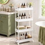 SPACEKEEPER Slim Rolling Storage Cart, 4 Tier Bathroom Cart Organizer,White