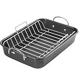 KITESSENSU Nonstick Roasting Pan with Rack 15 x 11 inch - Turkey Roaster Pan for Ovens - Wider Handles & Heavy Duty Construction, Gray