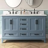 DELUXE LIVING 60 Inch Bathroom Vanity with Double Sink, Modern Solid Wooden Frame Bathroom Sink Cabinet with Soft Closing Doors & Dovetail Drawers, Quartz Countertop, Adjustable Feet, Steel Blue