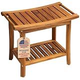 GREENTEAK Premium Teak Wood Shower Bench with Shelf, 2-Tier Waterproof