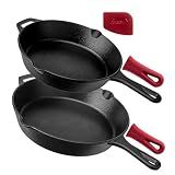 Cuisinel Cast Iron Skillets Set - 10" + 12"-Inch Pre-Seasoned Frying Pans + Removable Silicone Handle Holder Grips + Pan Scraper - Oven-Safe Cookware Kit + Accessories + Handle Helper