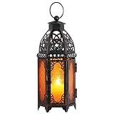 DECORKEY Moroccan Lanterns Decorative Indoor & Outdoor, 11’’ Medium Size Vintage Metal Hanging&Tabletop Candle Holder Decor, Halloween Christmas Ramadan Decorations for Home Porch Patio (Amber)