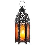 DECORKEY Moroccan Lanterns Decorative Indoor & Outdoor, 11’’ Medium Size Vintage Metal Hanging&Tabletop Candle Holder Decor, Halloween Christmas Ramadan Decorations for Home Porch Patio (Amber)
