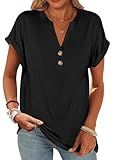 ANRABESS Womens Short Sleeve Henley Tops V Neck Dressy Casual Blouses Summer Trendy Tee Shirts 2025 Vacation Fashion Clothes Black L